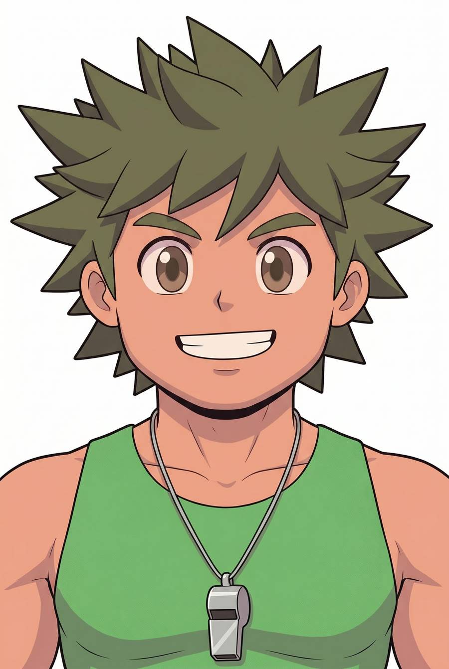 Coach Brock smiling in his green tank top with a whistle around his neck