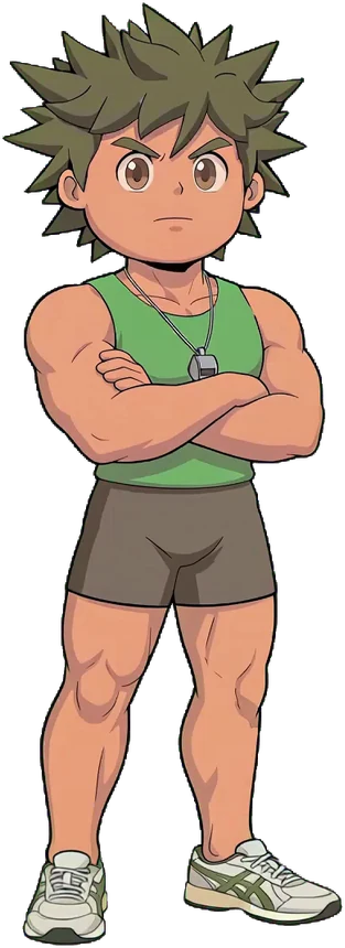 Brock, arms crossed, in his green tank top and whistle