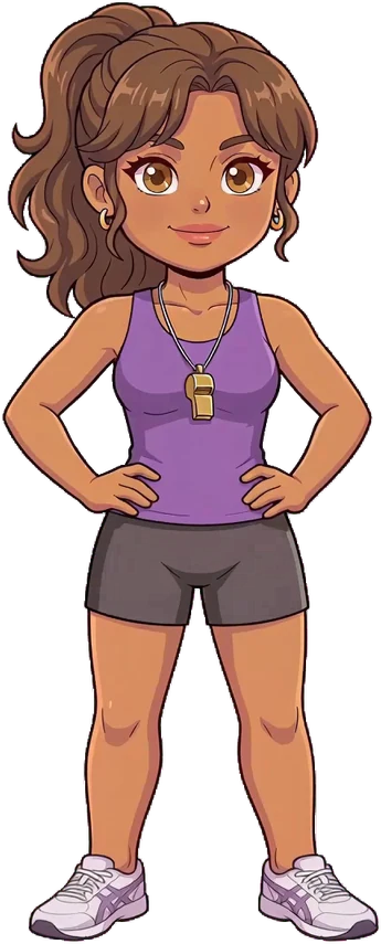 Luna, smiling with her hands on her hips, in her purple tank top and gold whistle