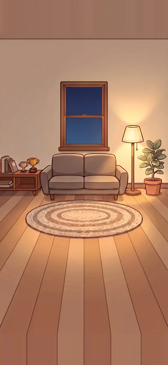 The HabitHouse Living Room at night, lit by a lamp