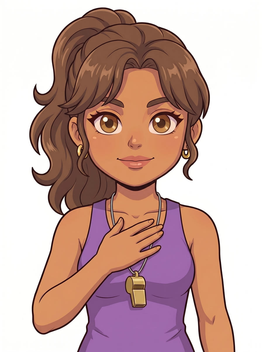 Coach Luna in her purple tank top with a gold whistle